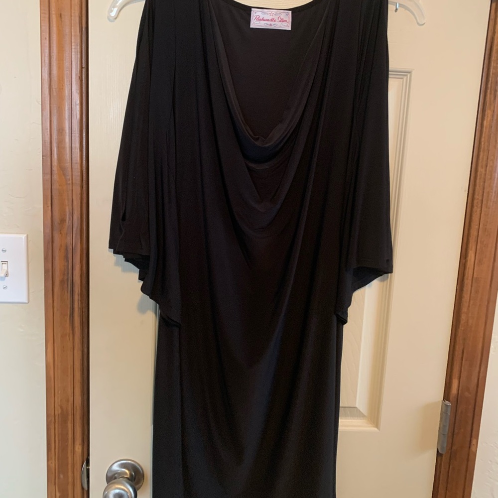 Panhandle Slim Short Black Dress with big sleeves and cowl neck